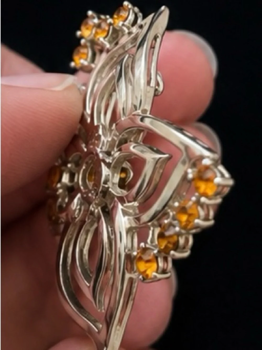 Vintage Cora Amber Rhinestone Floral Brooch | Silver Tone Openwork Pin | Signed